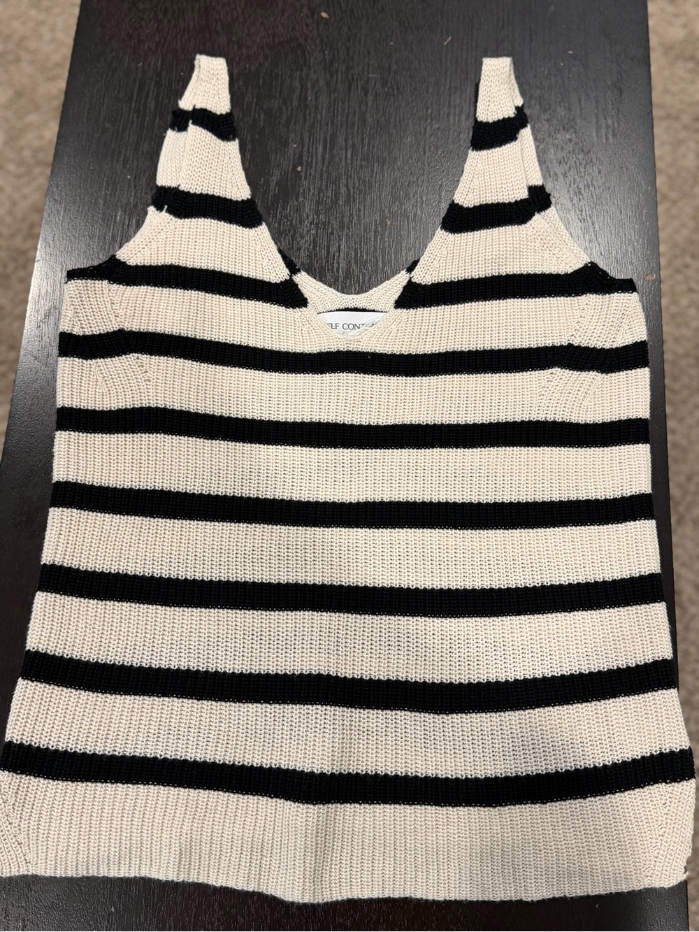 Sleeveless V-Neck Striped Knit Tank - Black and Cream